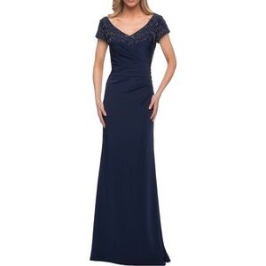 La Femme Sz 2 Crystal Detail Cap Sleeve Jersey Sheath Gown Navy